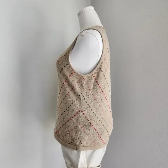 Vintage Y2K Liz Claiborne Tan Cotton Knit Running Stitch Sleeveless Tank Top M L - Picture 4 of 9
